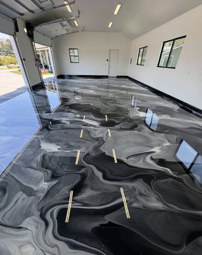 Black metallic epoxy garage floor