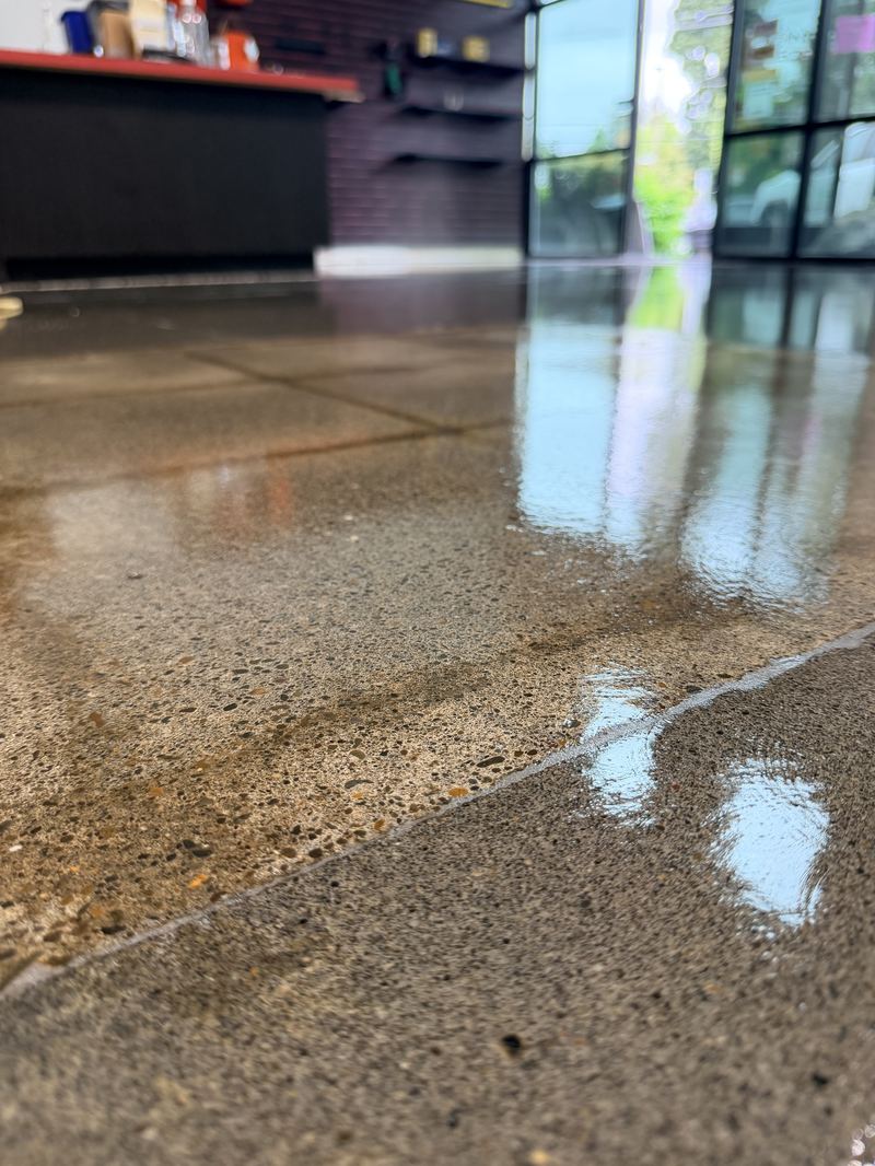 Tan terrazzo-style epoxy floor close-up
